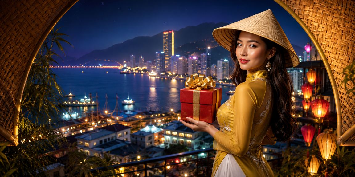 Người phụ nữ đội nón lá chơi casino bên bờ biển Nha Trang